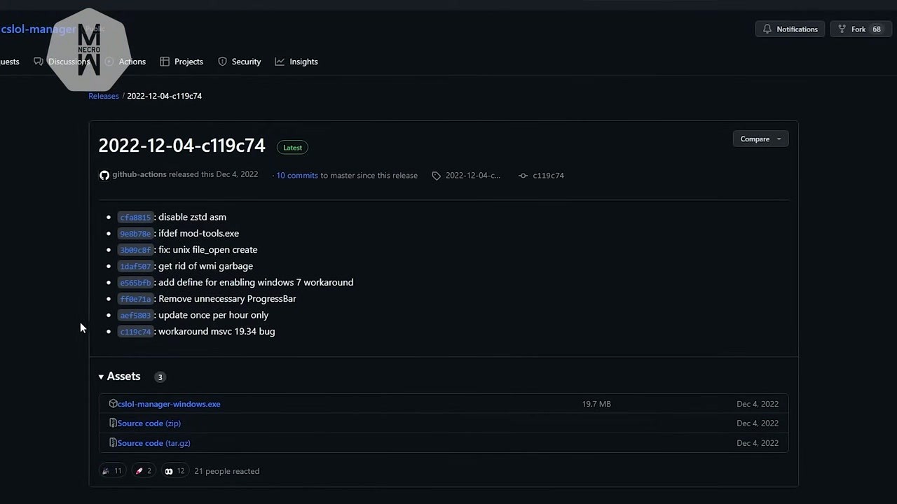 CSLOL Manager GitHub releases page showing download assets