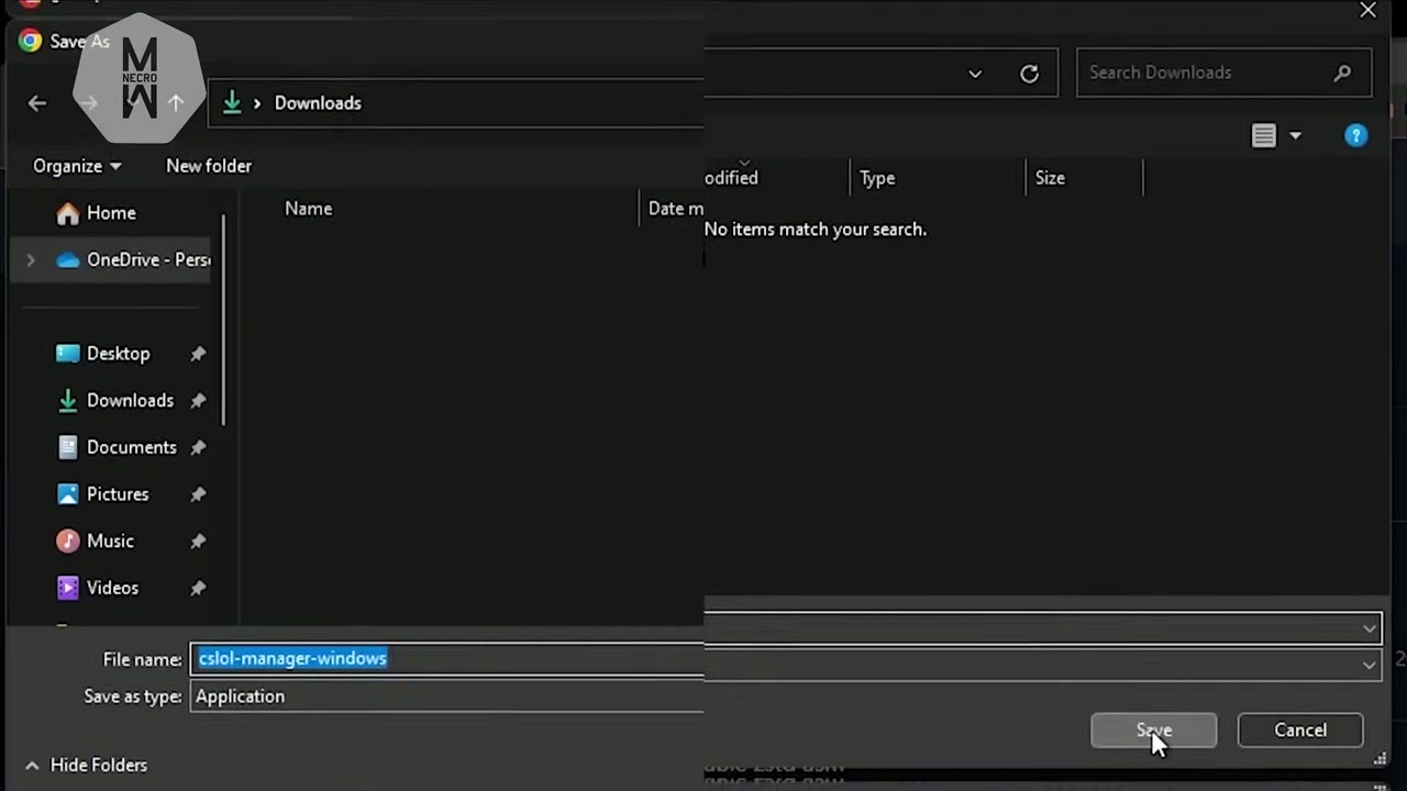 CSLOL Manager save dialog showing file name cslol-manager-windows