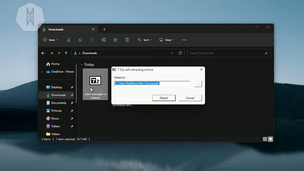 CSLOL Manager 7-Zip self-extracting archive dialog with Extract button