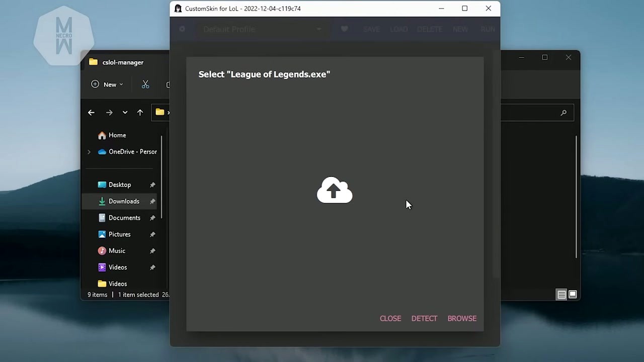 CSLOL Manager first launch screen showing Select League of Legends.exe with DETECT and BROWSE buttons
