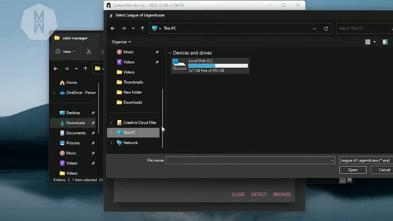 CSLOL Manager browse dialog navigating to League of Legends.exe game path
