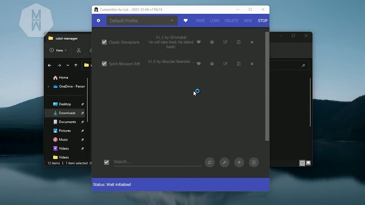 CSLOL Manager with two mods enabled and Status Wait initialized at the bottom