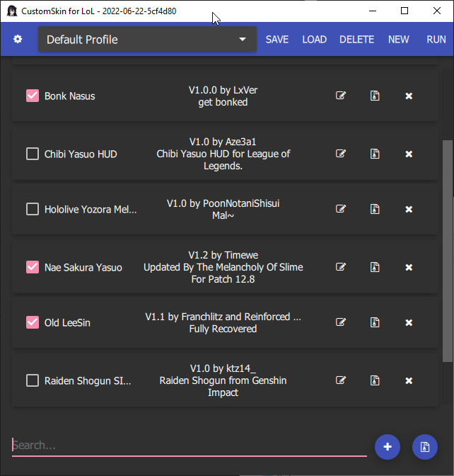 CSLOL Manager main window showing mod library with enabled mods